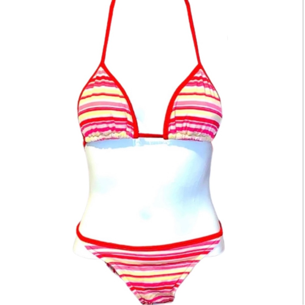 Striped String Bikini Set Red Pink Yellow Bathing Suit Size Medium